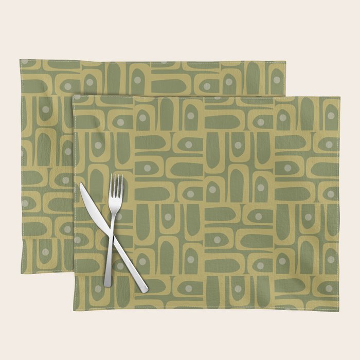Mid Century Modern Piquet Geometric Multi Pattern in Vintage Olive Green Tones Placemat Gallery Image 1