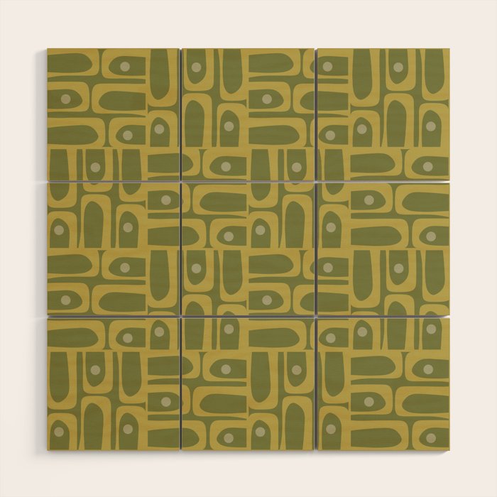 Mid Century Modern Piquet Geometric Multi Pattern in Vintage Olive Green Tones Wood Wall Art Gallery Image 1