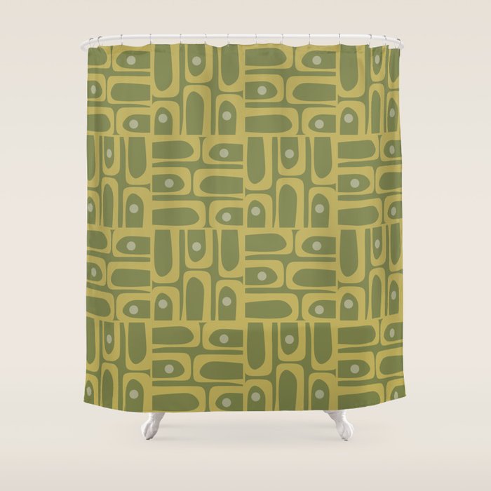 Mid Century Modern Piquet Geometric Multi Pattern in Vintage Olive Green Tones Shower Curtain Gallery Image 1