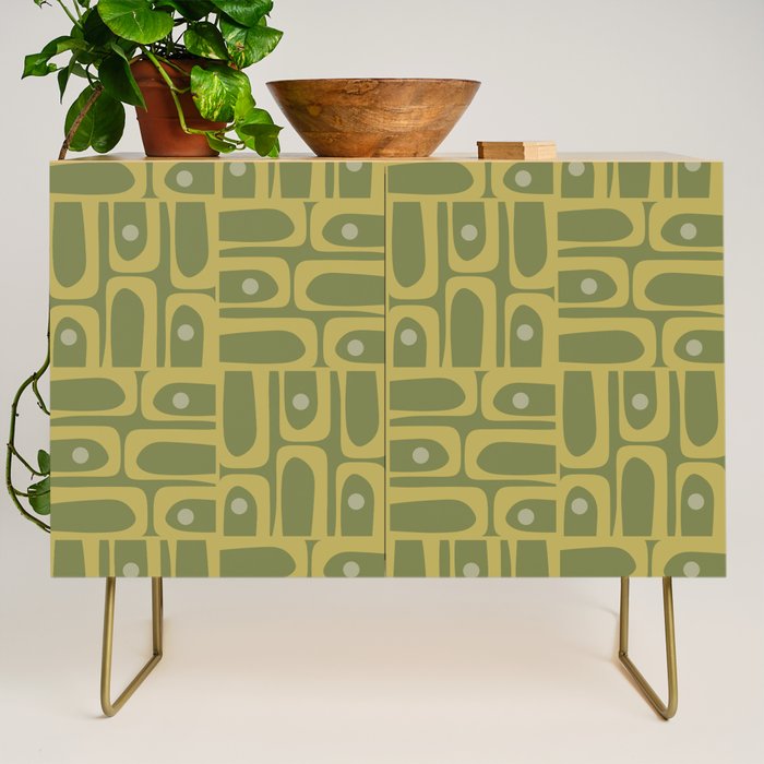 Mid Century Modern Piquet Geometric Multi Pattern in Vintage Olive Green Tones Credenza Gallery Image 1