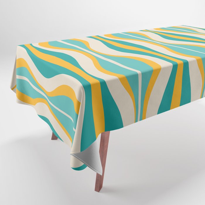 Hourglass Abstract Midcentury Modern Pattern Turquoise Teal Mustard Beige Cream Tablecloth Gallery Image 1