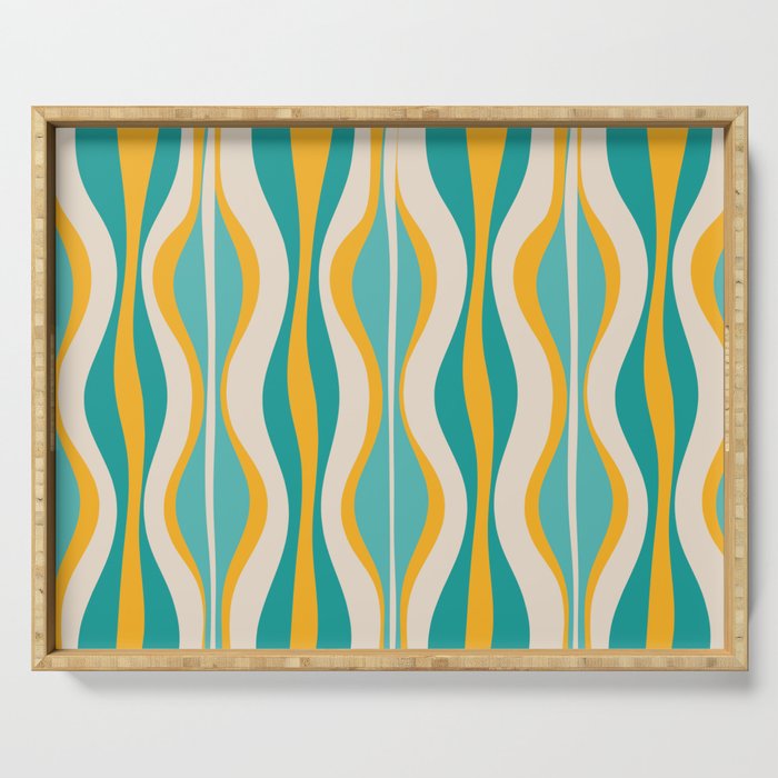 Hourglass Abstract Midcentury Modern Pattern Turquoise Teal Mustard Beige Cream Serving Tray Gallery Image 1