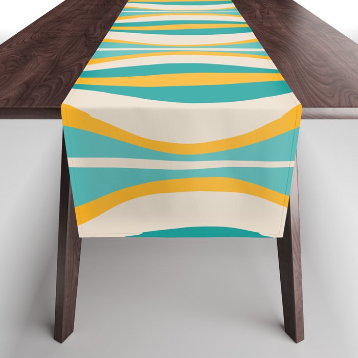 Hourglass Abstract Midcentury Modern Pattern Turquoise Teal Mustard Beige Cream Table Runner Gallery Image 1