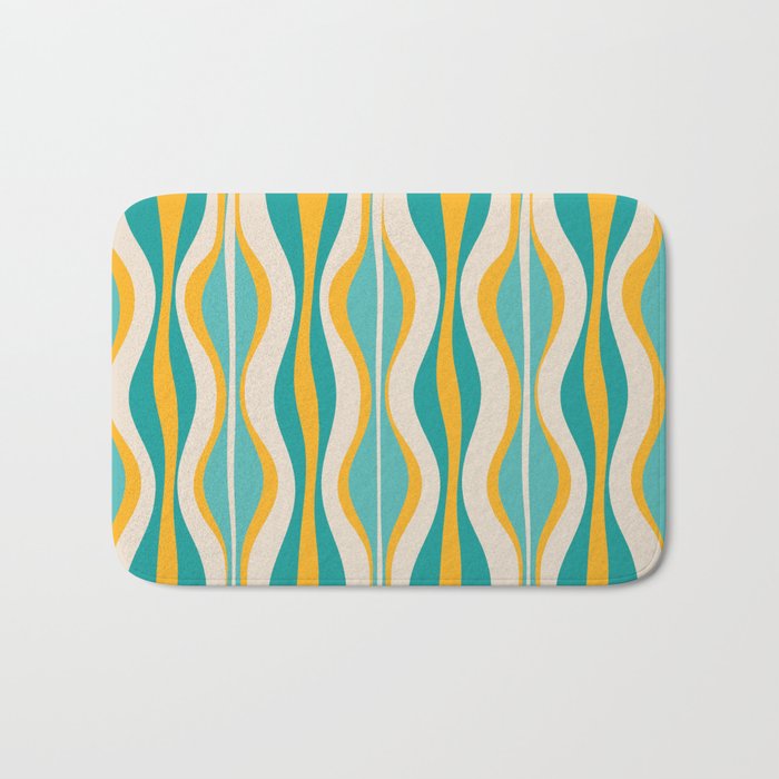 Hourglass Abstract Midcentury Modern Pattern Turquoise Teal Mustard Beige Cream Bath Mat Gallery Image 1