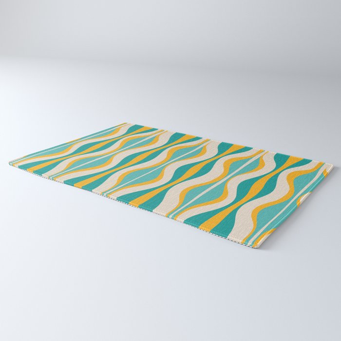 Hourglass Abstract Midcentury Modern Pattern Turquoise Teal Mustard Beige Cream Rug Gallery Image 3