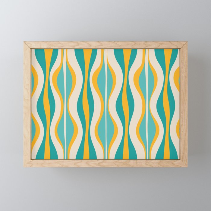 Hourglass Abstract Midcentury Modern Pattern Turquoise Teal Mustard Beige Cream Mini Art Print Gallery Image 1