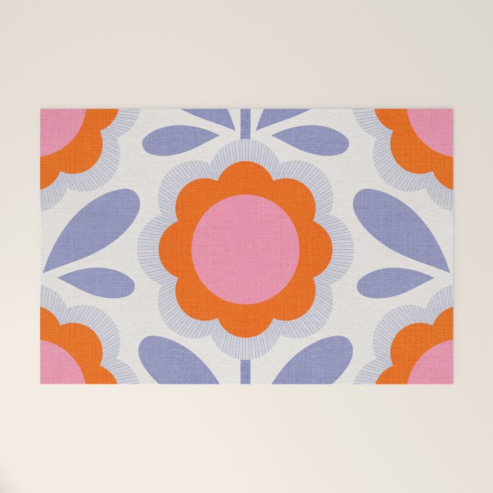HELLO BOLD RETRO DAISY FLOWERS PATTERN IN BLOOM 1. BLUE Welcome Mat Gallery Image 1
