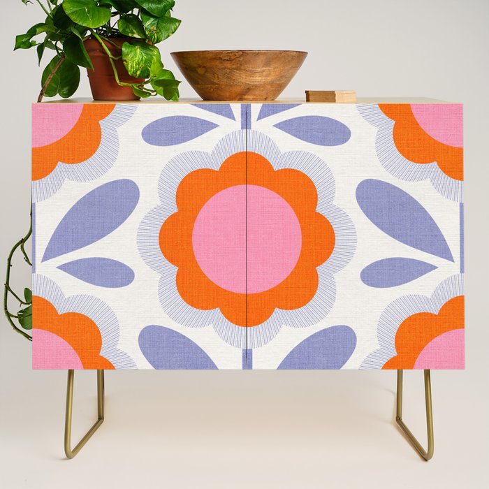 HELLO BOLD RETRO DAISY FLOWERS PATTERN IN BLOOM 1. BLUE Credenza Gallery Image 1