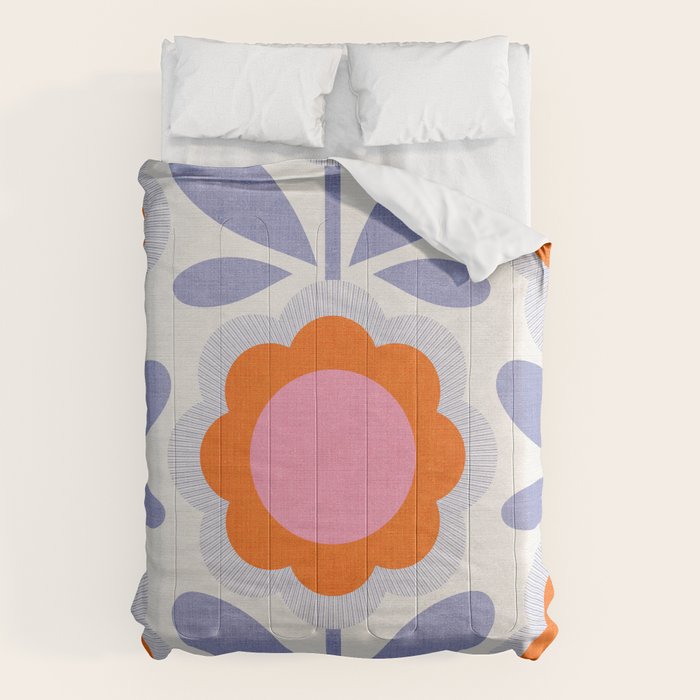 HELLO BOLD RETRO DAISY FLOWERS PATTERN IN BLOOM 1. BLUE Comforter Gallery Image 1