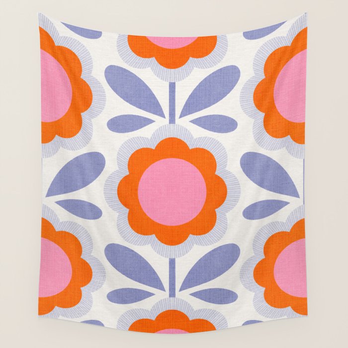 HELLO BOLD RETRO DAISY FLOWERS PATTERN IN BLOOM 1. BLUE Wall Tapestry Gallery Image 1