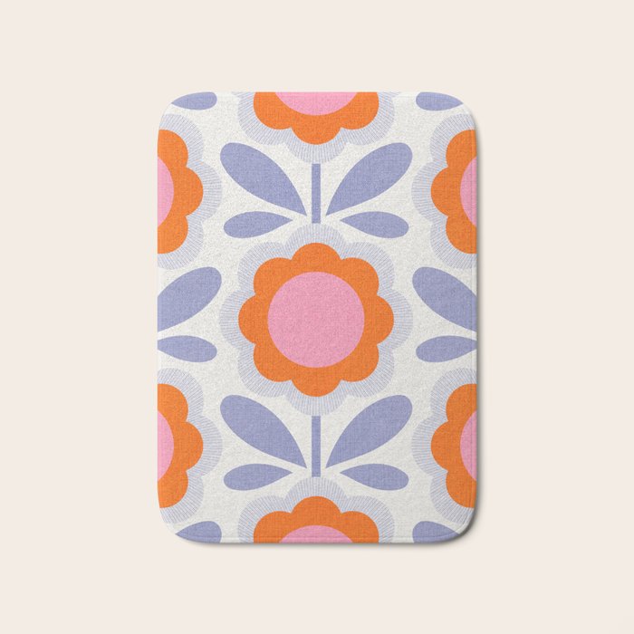 HELLO BOLD RETRO DAISY FLOWERS PATTERN IN BLOOM 1. BLUE Bath Mat Gallery Image 1