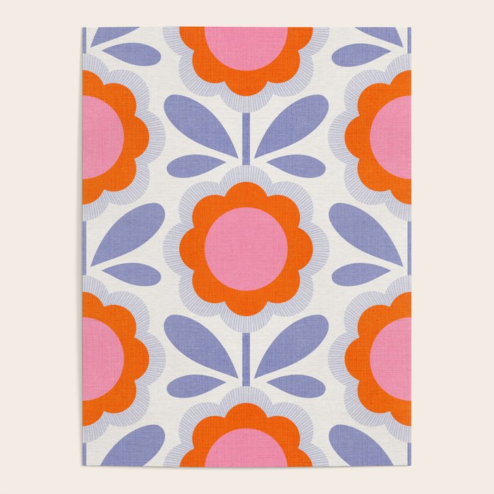 HELLO BOLD RETRO DAISY FLOWERS PATTERN IN BLOOM 1. BLUE Poster Gallery Image 4