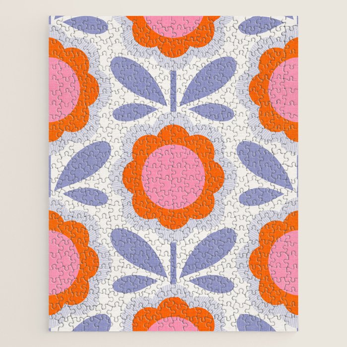 HELLO BOLD RETRO DAISY FLOWERS PATTERN IN BLOOM 1. BLUE Jigsaw Puzzle Gallery Image 1