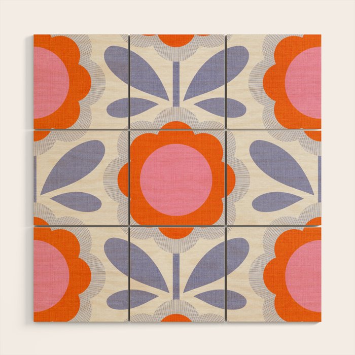 HELLO BOLD RETRO DAISY FLOWERS PATTERN IN BLOOM 1. BLUE Wood Wall Art Gallery Image 1