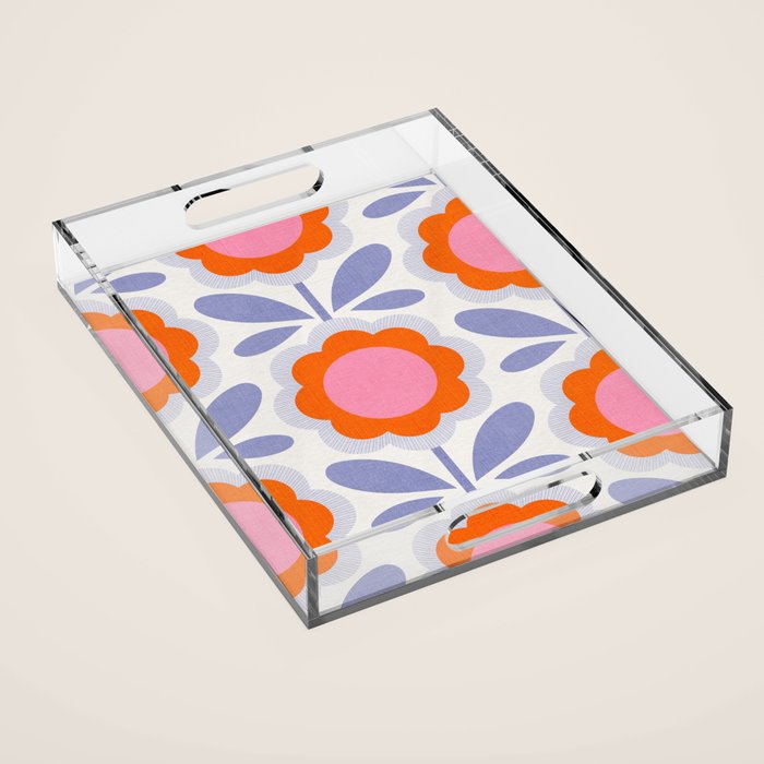 HELLO BOLD RETRO DAISY FLOWERS PATTERN IN BLOOM 1. BLUE Acrylic Tray Gallery Image 1