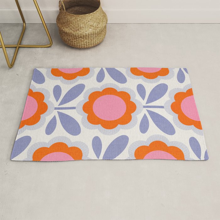 HELLO BOLD RETRO DAISY FLOWERS PATTERN IN BLOOM 1. BLUE Rug Gallery Image 1