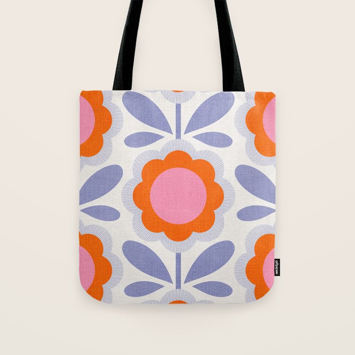 HELLO BOLD RETRO DAISY FLOWERS PATTERN IN BLOOM 1. BLUE Tote Bag Gallery Image 1