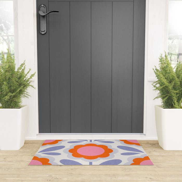 HELLO BOLD RETRO DAISY FLOWERS PATTERN IN BLOOM 1. BLUE Welcome Mat Gallery Image 3