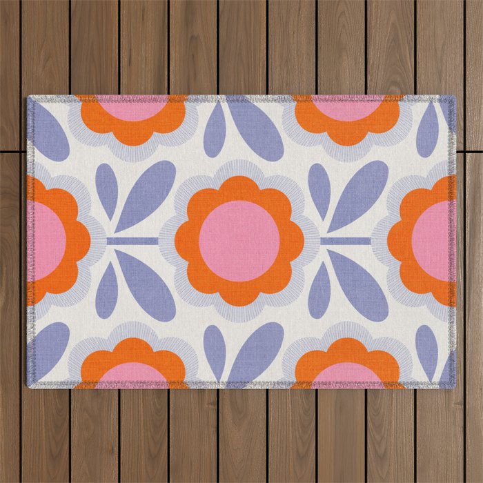 HELLO BOLD RETRO DAISY FLOWERS PATTERN IN BLOOM 1. BLUE Outdoor Rug Gallery Image 1