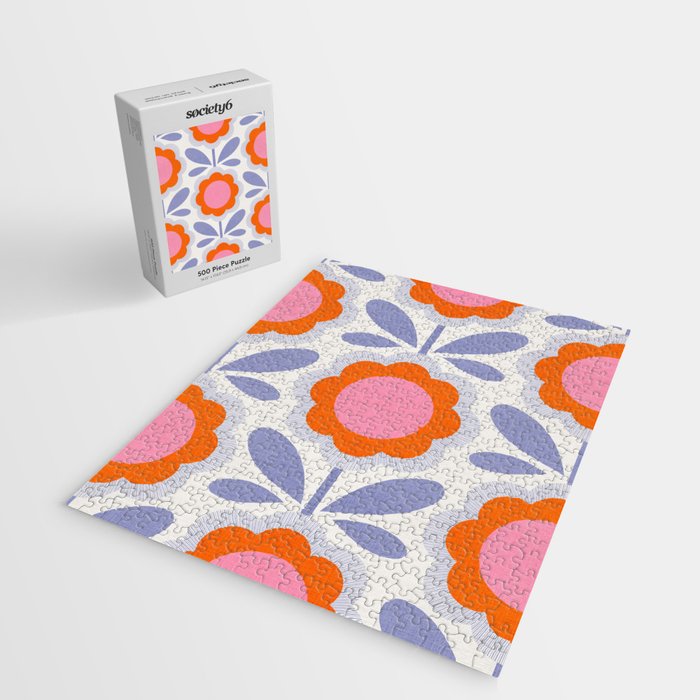 HELLO BOLD RETRO DAISY FLOWERS PATTERN IN BLOOM 1. BLUE Jigsaw Puzzle Gallery Image 2