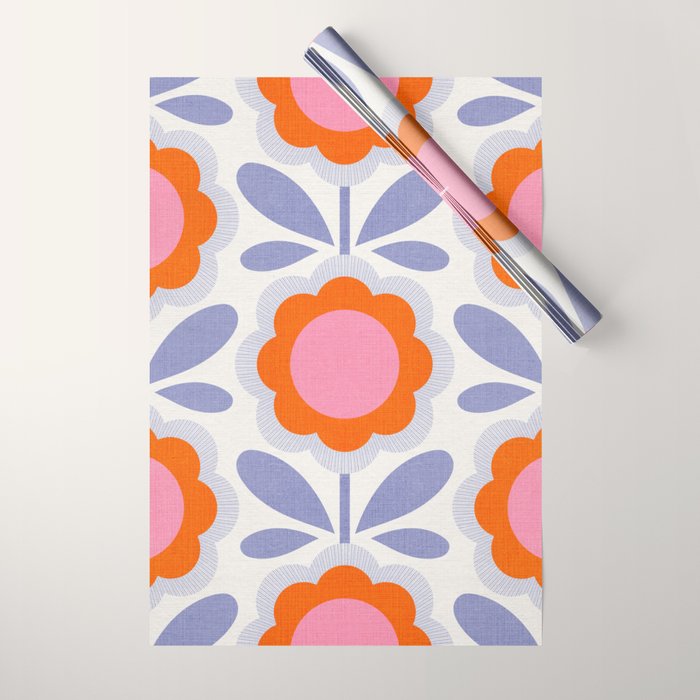 HELLO BOLD RETRO DAISY FLOWERS PATTERN IN BLOOM 1. BLUE Wrapping Paper Gallery Image 1