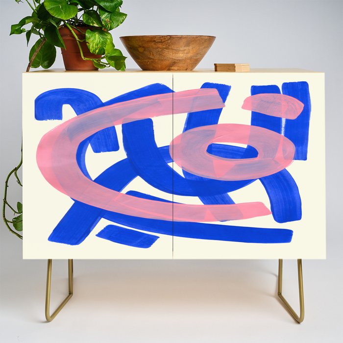 Tribal Pink Blue Fun Colorful Mid Century Modern Abstract Painting Shapes Pattern Credenza Gallery Image 1