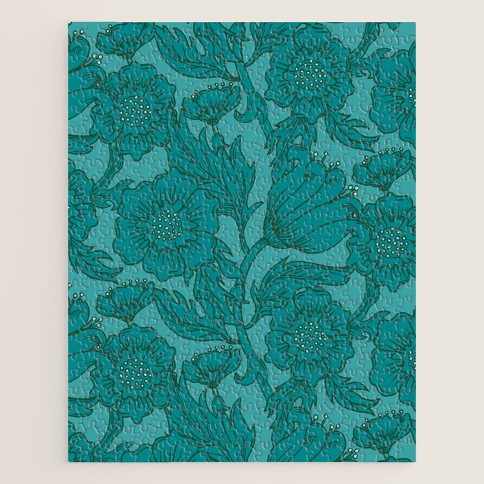 Teal Floral Flourish - Large Jigsaw Puzzle Gallery Image 1