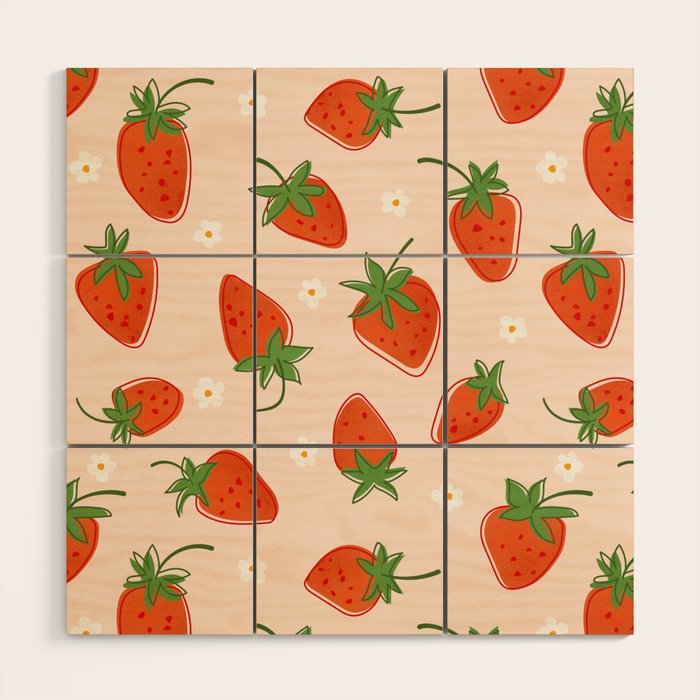 Red Strawberries Pattern Wood Wall Art Gallery Image 1