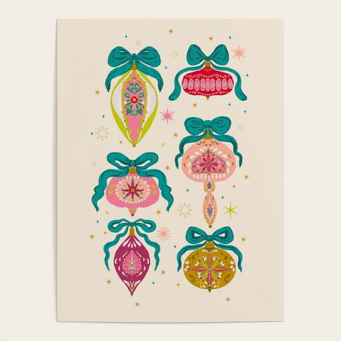 Retro Christmas Ornaments with Bow and Stars Holiday Pattern Poster Gallery Image 1