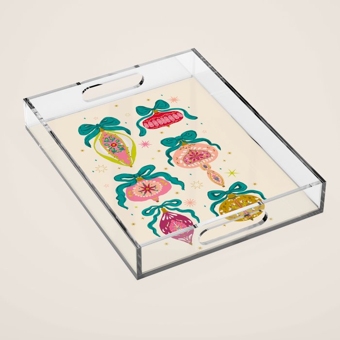 Retro Christmas Ornaments with Bow and Stars Holiday Pattern Acrylic Tray Gallery Image 1