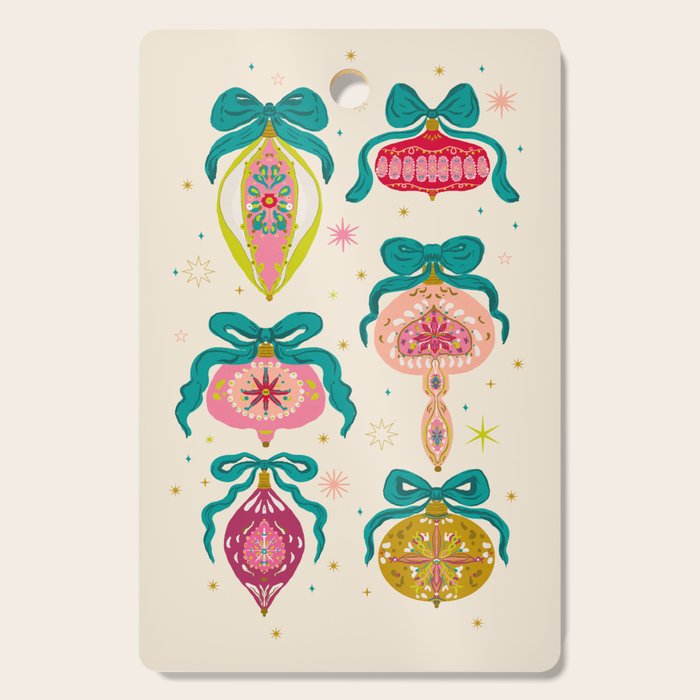 Retro Christmas Ornaments with Bow and Stars Holiday Pattern Cutting Board Gallery Image 1