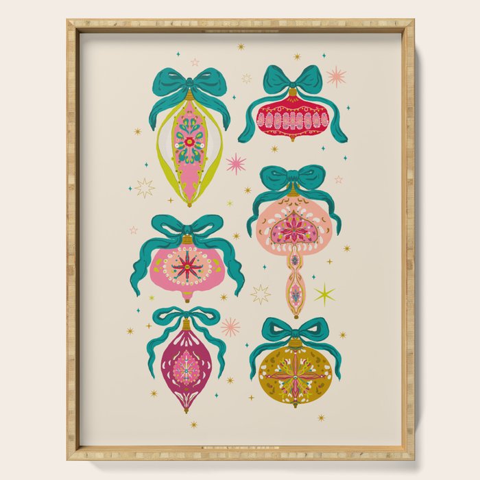 Retro Christmas Ornaments with Bow and Stars Holiday Pattern Serving Tray Gallery Image 1