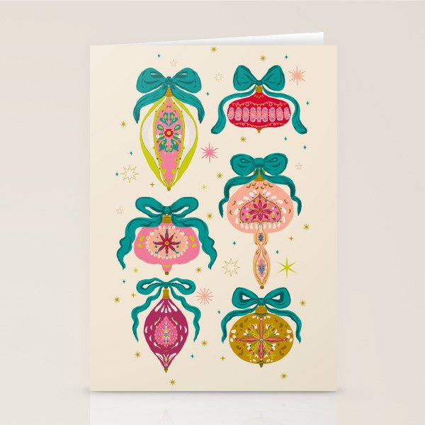 Retro Christmas Ornaments with Bow and Stars Holiday Pattern Stationery Card Gallery Image 2