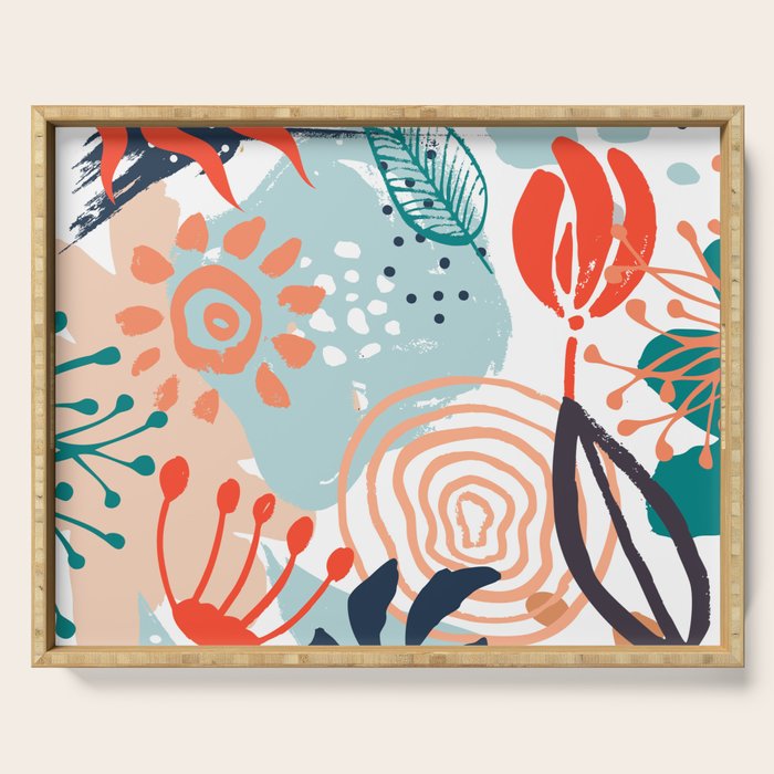 Summer Abstract, Floral Prints, Orange, Teal, Blue, Colourful Prints. Serving Tray Gallery Image 1