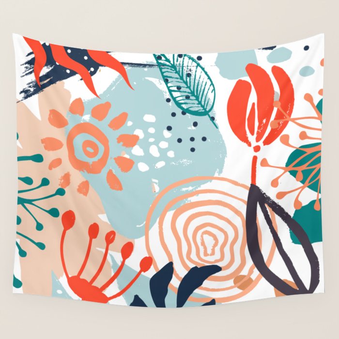 Summer Abstract, Floral Prints, Orange, Teal, Blue, Colourful Prints. Wall Tapestry Gallery Image 4