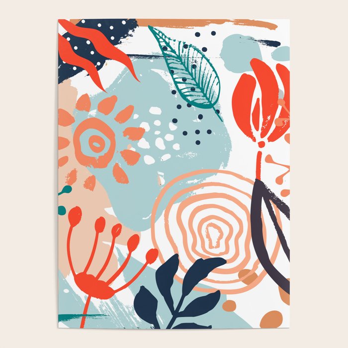 Summer Abstract, Floral Prints, Orange, Teal, Blue, Colourful Prints. Poster Gallery Image 1