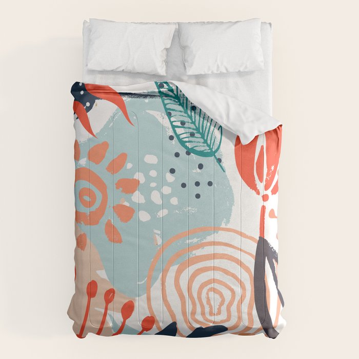 Summer Abstract, Floral Prints, Orange, Teal, Blue, Colourful Prints. Comforter Gallery Image 1
