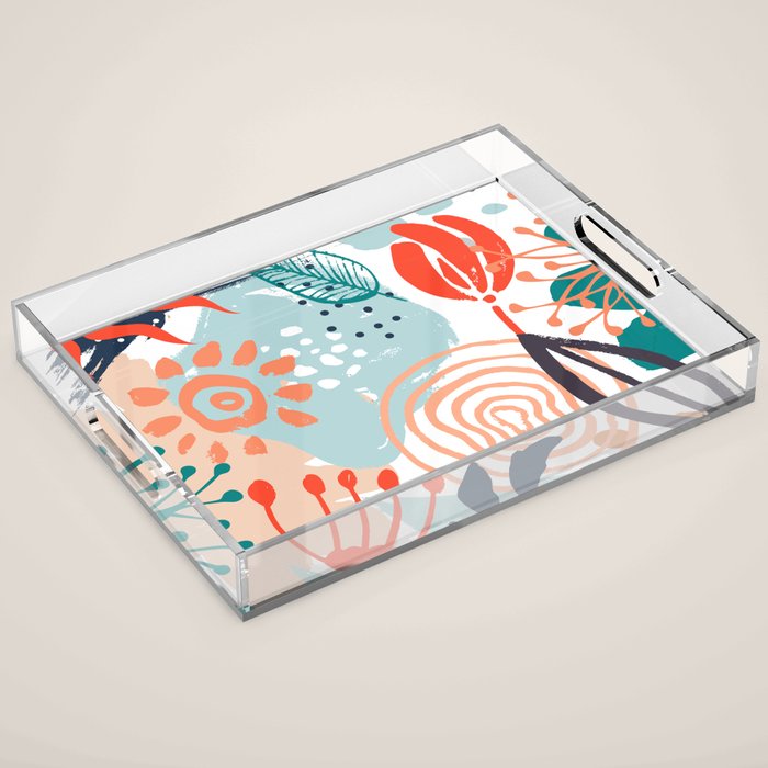 Summer Abstract, Floral Prints, Orange, Teal, Blue, Colourful Prints. Acrylic Tray Gallery Image 1