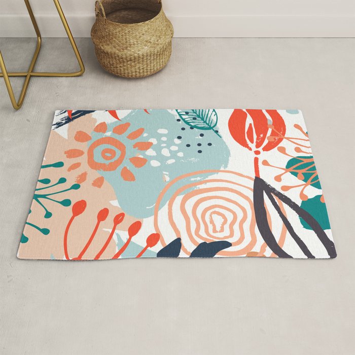 Summer Abstract, Floral Prints, Orange, Teal, Blue, Colourful Prints. Rug Gallery Image 1