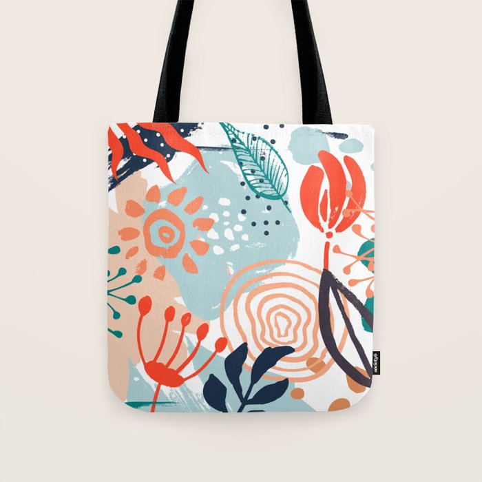 Summer Abstract, Floral Prints, Orange, Teal, Blue, Colourful Prints. Tote Bag Gallery Image 1
