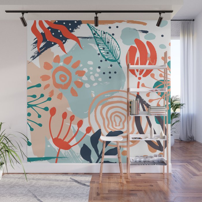 Summer Abstract, Floral Prints, Orange, Teal, Blue, Colourful Prints. Wall Mural Gallery Image 1