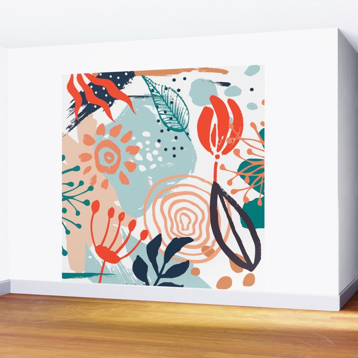 Summer Abstract, Floral Prints, Orange, Teal, Blue, Colourful Prints. Wall Mural Gallery Image 2
