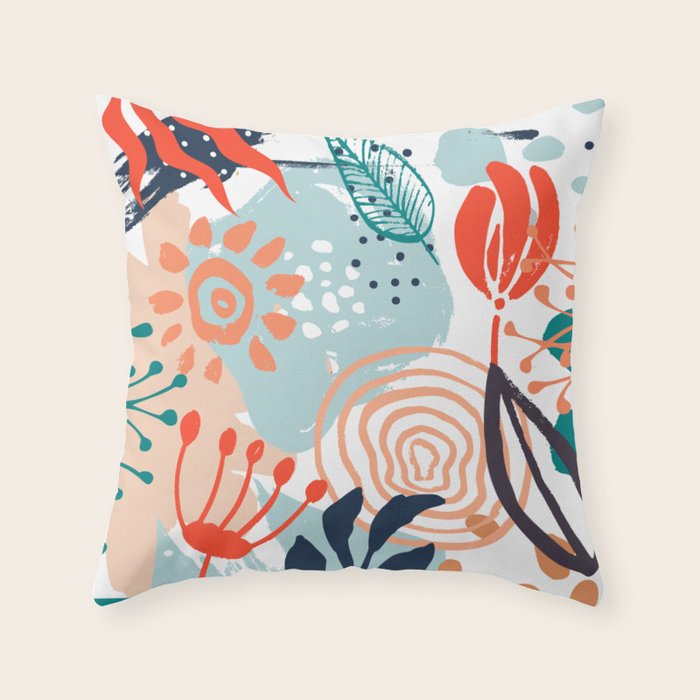Summer Abstract, Floral Prints, Orange, Teal, Blue, Colourful Prints. Throw Pillow Gallery Image 6