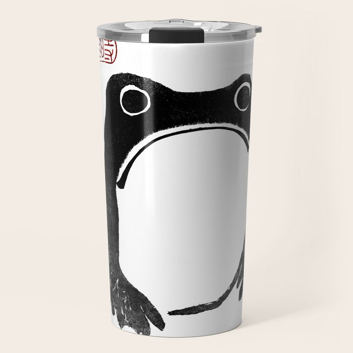 Cute Grumpy Frog Vintage Japanese Woodblock Print Travel Mug Gallery Image 1