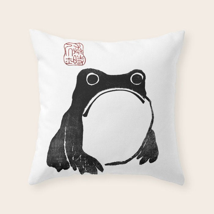 Cute Grumpy Frog Vintage Japanese Woodblock Print Throw Pillow Gallery Image 1