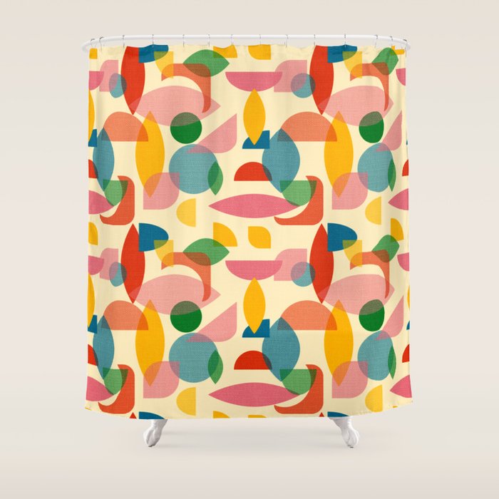 Retro Abstract Geometric Pattern with Bright Colorful Shapes and Fabric Texture Shower Curtain Gallery Image 1