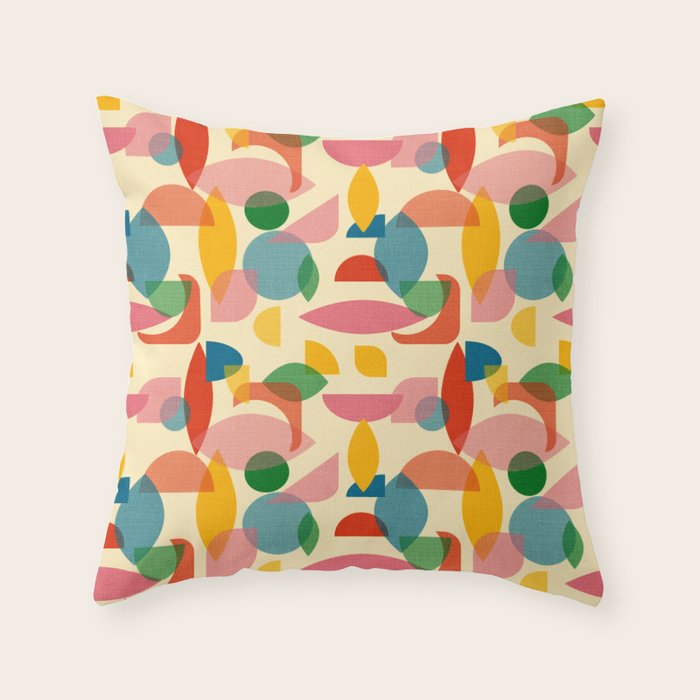 Retro Abstract Geometric Pattern with Bright Colorful Shapes and Fabric Texture Throw Pillow Gallery Image 1