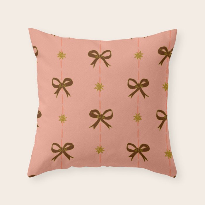 Cute Hair Bows & Stars in Peach & Brown Throw Pillow Gallery Image 6