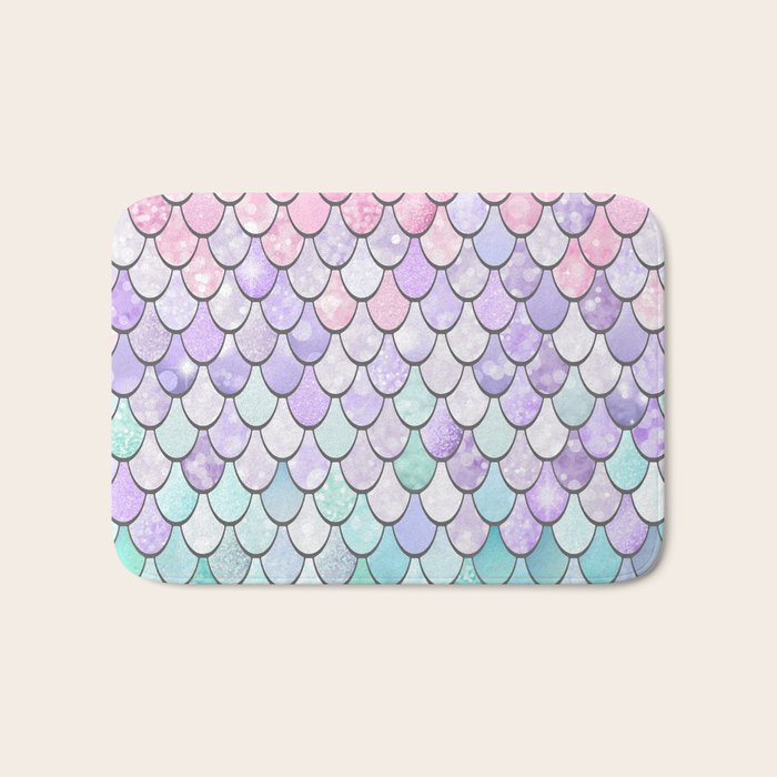 Cute Mermaid Pattern, Pink, Purple, Teal, Pastel Aesthetics Bath Mat Gallery Image 1
