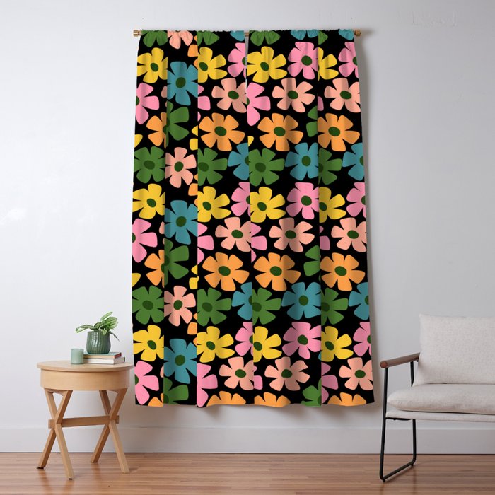 Retro Flower - Big Daisy Black background Window Curtain Gallery Image 1